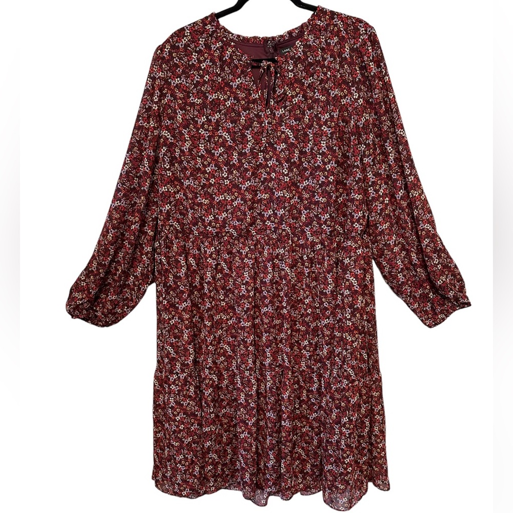 Lane Bryant 22/24 Burgundy Tiered Floral Dress with tie at neck